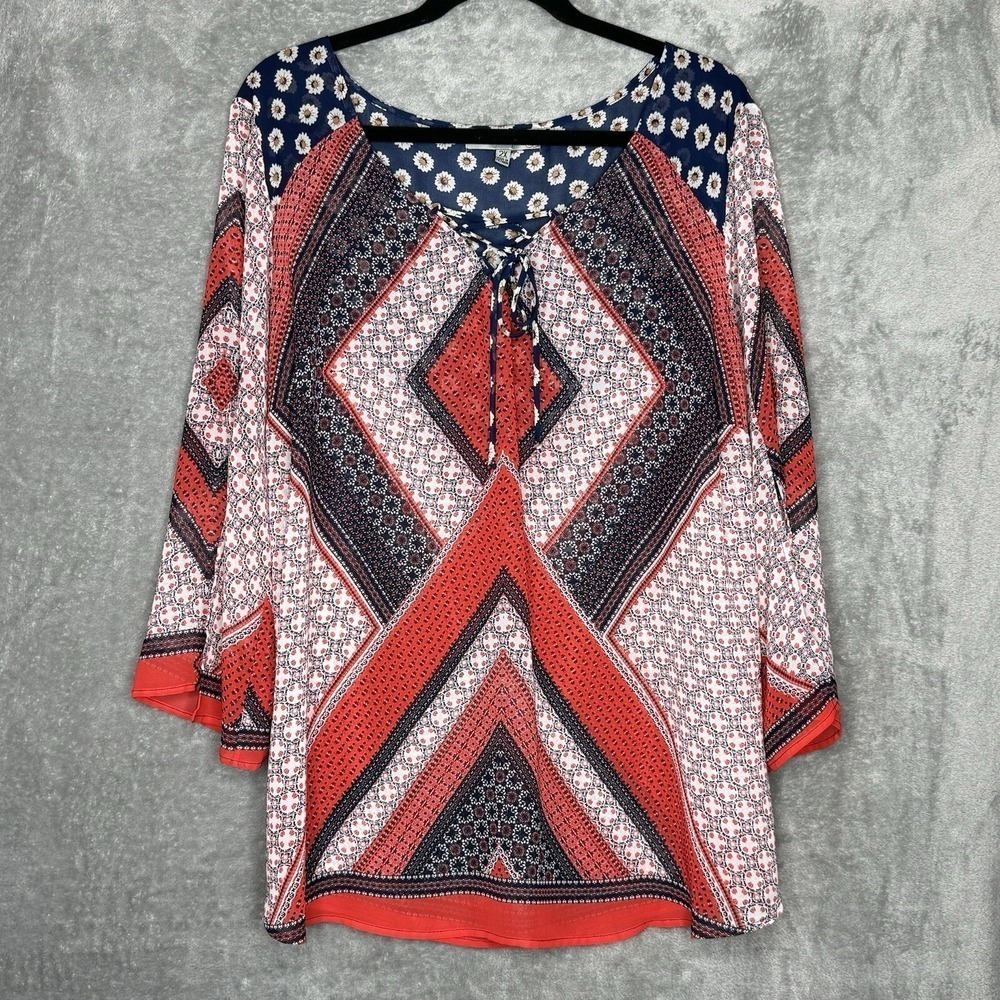 Figueroa & Flower 2X Top Shirt Red Striped 3/4 Sleeve Keyhole Scoop Neck Womens
